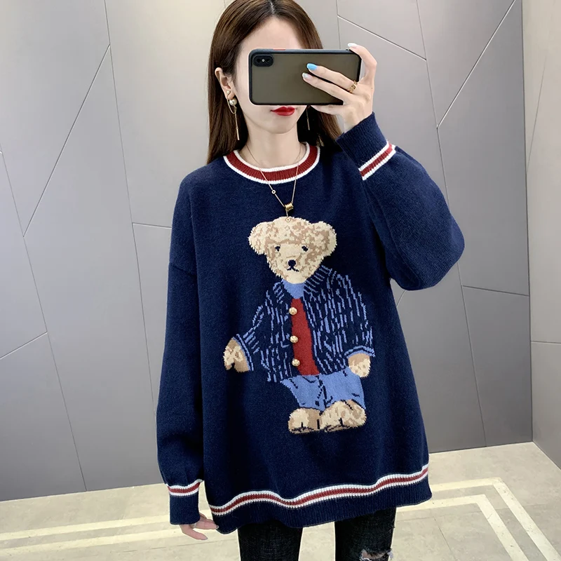 

New Fashion 2022 Women Autumn Winter Bear Sweater Pullovers Casual Warm Female Knitted Cartoon Sweaters Pullover Lady Shrugs