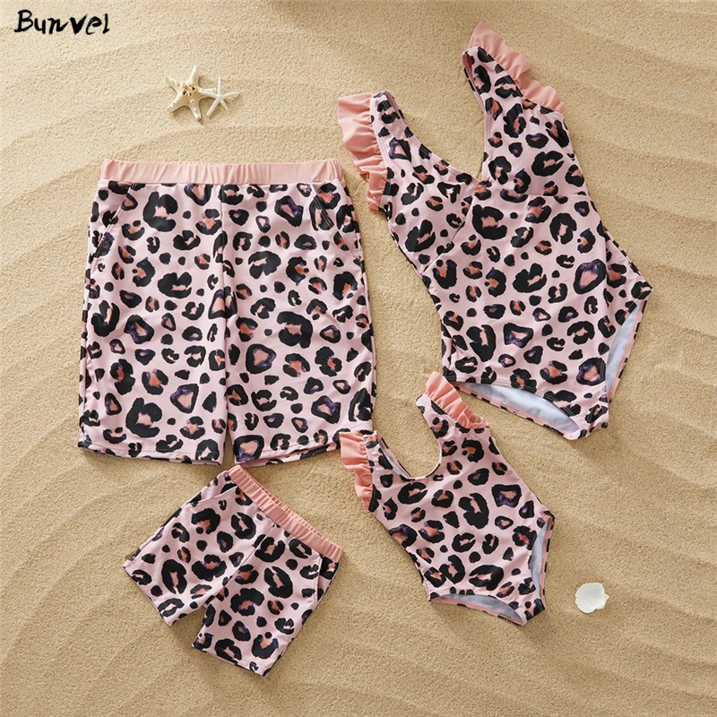 

bunvel Summer Family Matching Clothes Pink Leopard Print Mommy And Me Family Look Kids Baby Girls Boys One Piece Bikini Swimwear