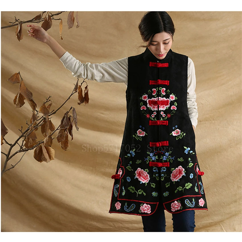Chinese Traditional Clothes Tang Suit Vest Women Girls Long Maxi Top Fancy Embroidery Flower Sleeveless Cotton Ethnic Coat | Тематическая