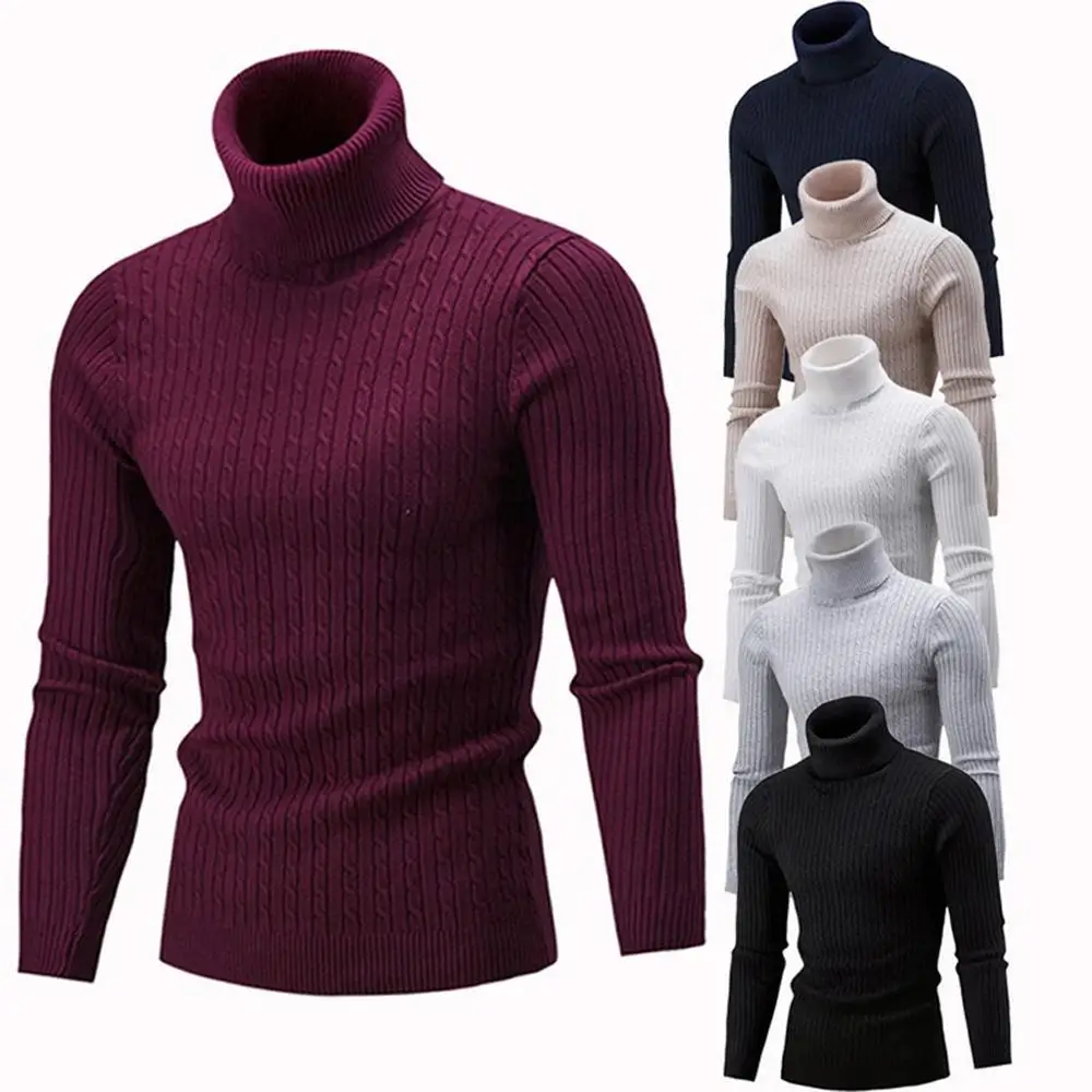 Новое поступление, мужской теплый свитер с высоким воротом, hombre, модный однотонный вязаный мужской свитер, повседневный тонкий пуловер, мужской топ с двойным воротником