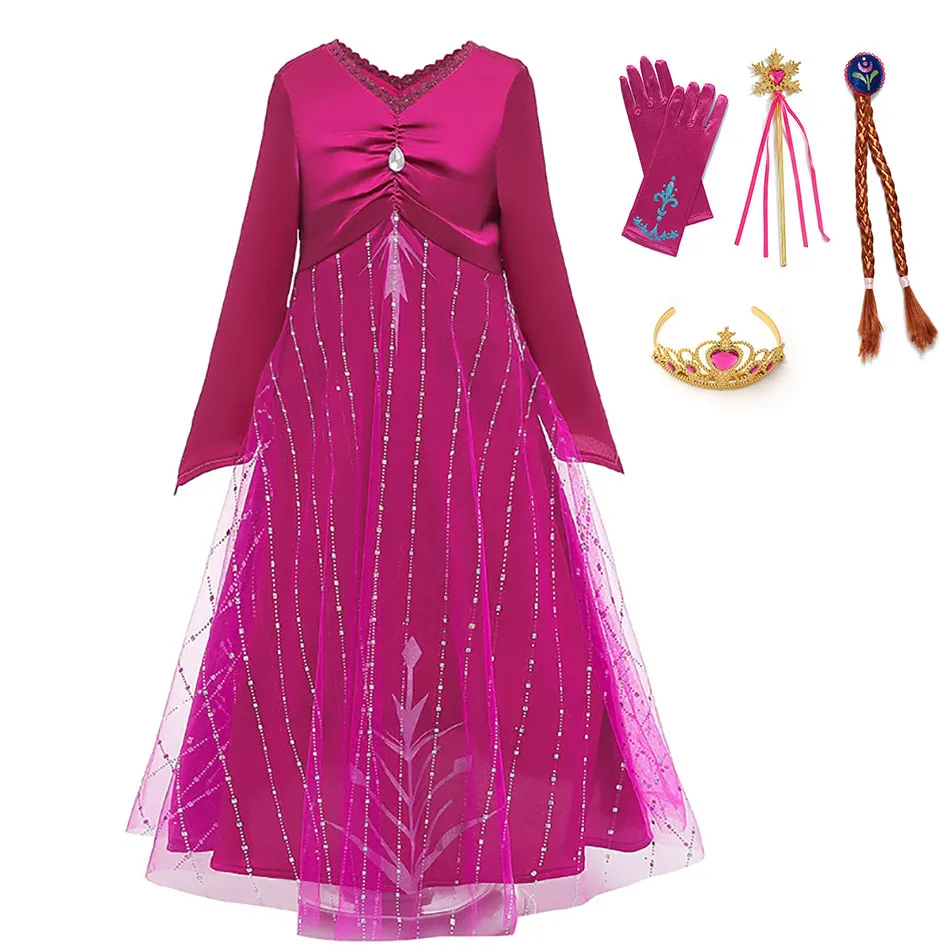 Пижама «Эльза 2», «Принцесса Эльза» маскарадный костюм для девочек, розовые, красные вечерние платья макси с v-образным вырезом на Рождество, Год, Vestidos