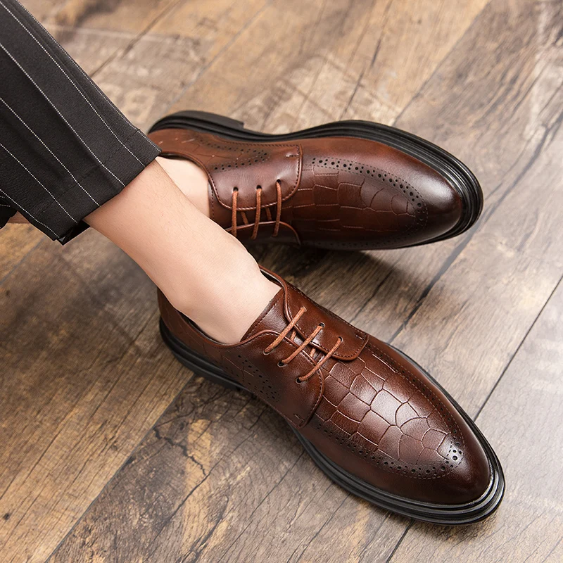 Men's Luxury Brogue Oxfords VENTILATION Pointed Toe Slip on Casual Leather Dress Shoes Wedding Party