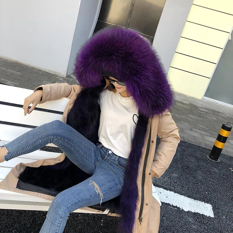 Зимняя мода, подкладка из натурального Лисьего меха, Воротник из натурального Лисьего меха, съемный женский теплый капюшон, высокое качество, женское меховое пальто, парка