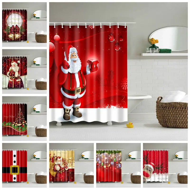 Lighted Christmas Shower Curtain Happy New Year Santa Claus Red