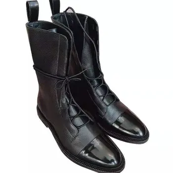 

women's boots spring and autumn new British style Pu thin lace up round head square heel medium heel short boots