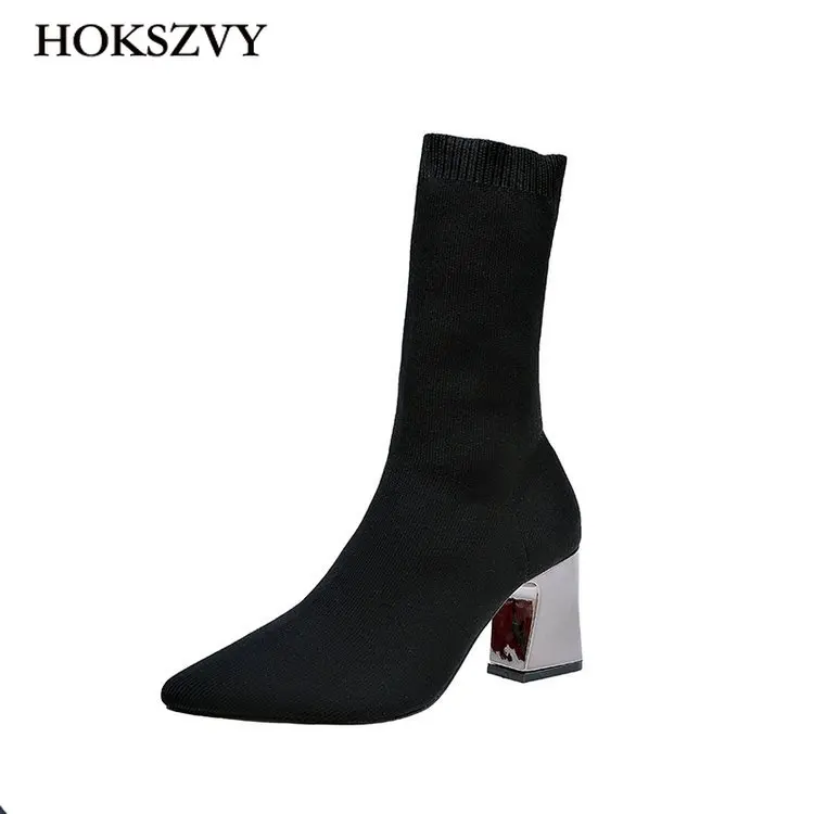 HOKSVZY/пикантные ботинки с острым носком на квадратном каблуке Сезон осень Новинка