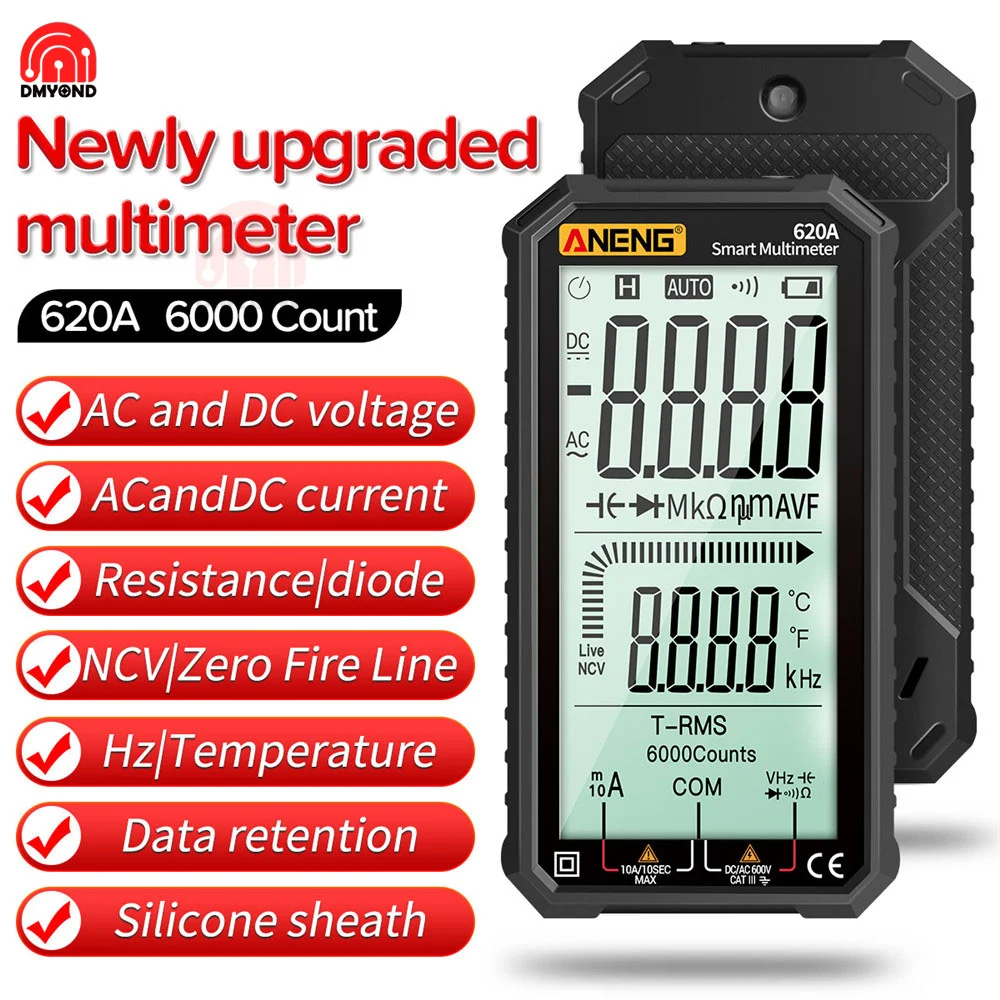 

Digital Smart Multimeter Transistor Testers 6000 Counts True RMS Auto Electrical Capacitance Meter Temp Resistance 620A Model