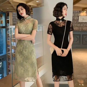 

New Chinese Style Women Cheongsam Summer Lace Daily Dress Printed Vintage Handmade Button Stage Show Qipao Plus Size M-3XL