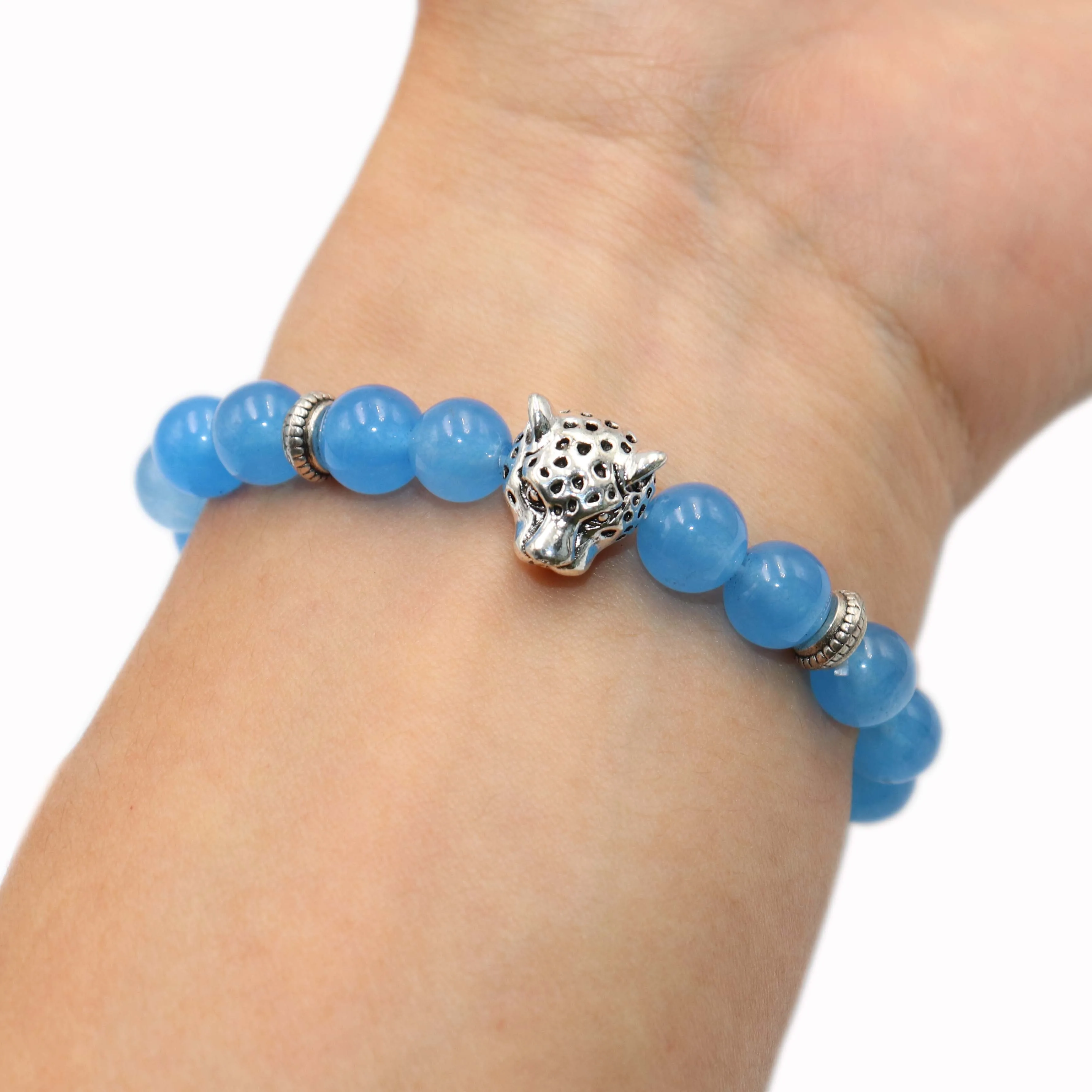 Lake blue jade Природный камень 8 мм, серебристые бусины в форме головы леопарда, браслет для мужчин и женщин, новая мода, тигровый глаз, Агаты, оникс, браслеты с лавовыми бусинами - Окраска металла: Lake blue jade
