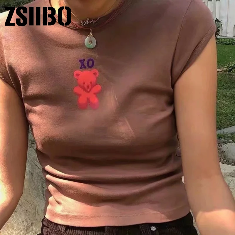 Women Tshirt Top shirt clothes vintage clothing Bear Print Crop Tee Slim Fit Summer short sleeve T-Shirt Tee cotton T Shirt