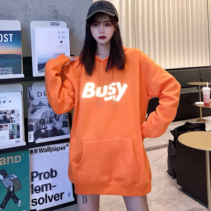 Harajuku Reflective Women Hoodie letter print Winter fashion Solid color hip-hop streetwear night shiny pullovers clothes