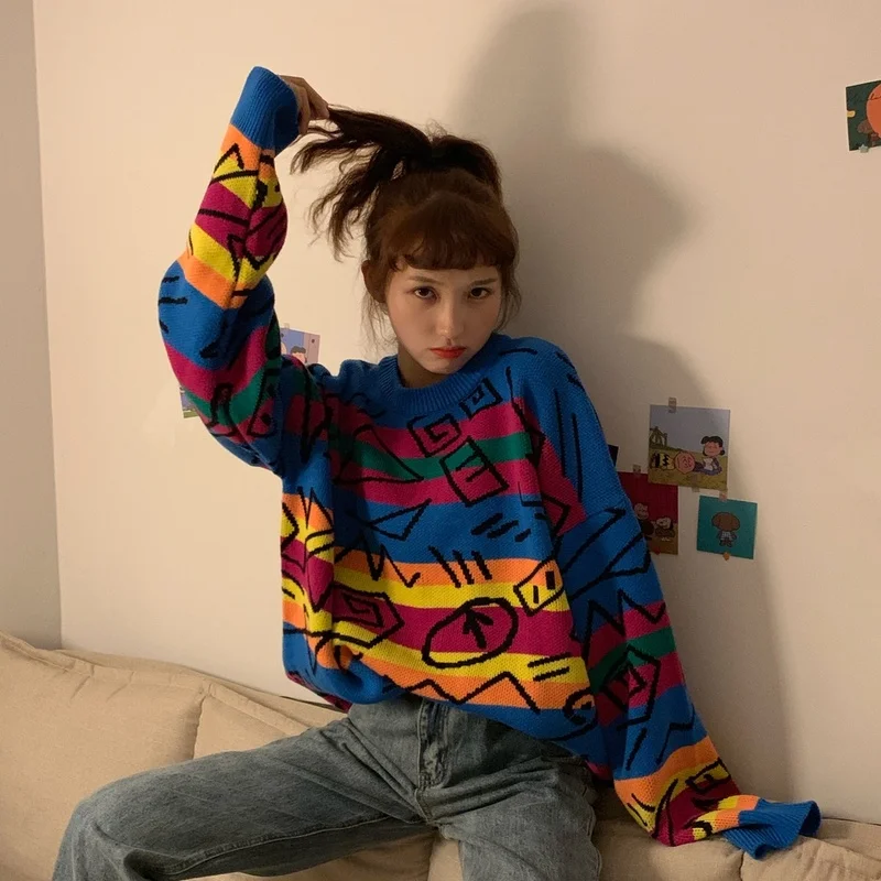 Океанlove Harajuku Пуловеры с граффити осенние винтажные BF стильные свободные женские свитера с принтом зимние студенческие женские 13260