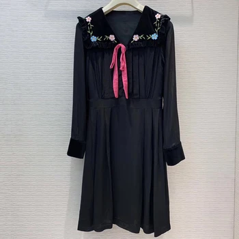 

New Fashion Black Dress Women Vintage Long Sleeve Dress Autumn A-line Dress Female