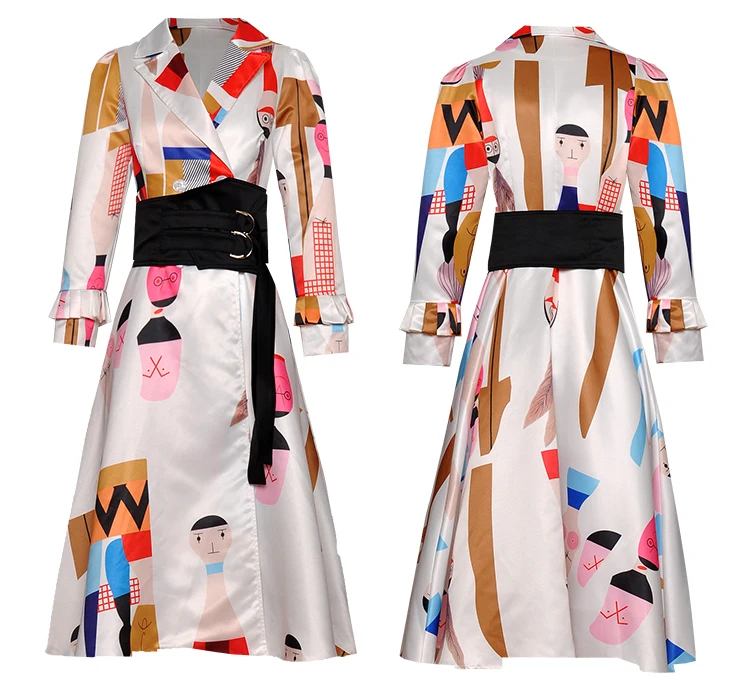 Runway Women Trench Coat Midi Autumn Print Designer Tunic Long Sleeve High Quality Suit Collar Cartoon Trench Coat New Arrival