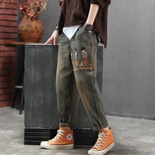 Женские большие джинсы джинсовые брюки ретро винтажная Мода Повседневная Длинная свободная негабаритная вышивка мультфильм для осени AZ60223417