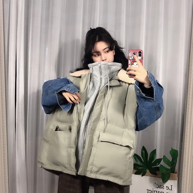 

Photo Shoot 2019 Winter Korean-style Hoodie Mock Two-Piece Mixed Colors Cowboy Sleeve Workwear Thick Cotton Coat Fashion