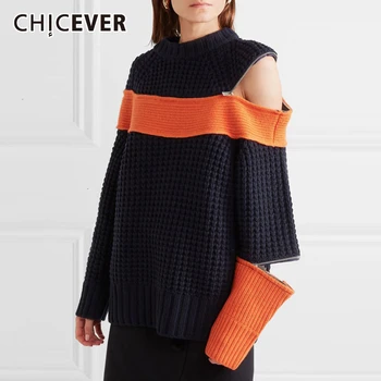 

CHICEVER Striped Hit Color Sweater For Women O Neck Long Sleeve One Shoulder Knitting Hollow Out Female Sweaters 2020 Fashion