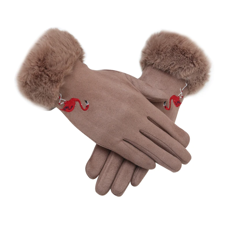Зимние перчатки для женщин, утепленные меховые варежки с сенсорным экраном, женские Мультяшные вышитые перчатки для вождения с фламинго