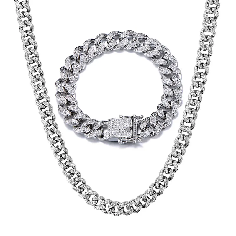 1Set Silver Хип-хоп, 12 мм, полностью покрыто льдом, AAA, цирконий, медь, CZ, кубинское звено, цепочка, ожерелье, браслет для мужчин, рэппер, ювелирное изделие, золото, серебро, цвет - Metal Color: 1Set Silver