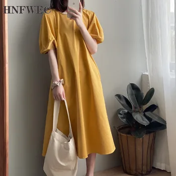

2020 Summer New O Neck Puff Sleeve Plus Size Yellow Dress Women Elegant Long Robe Minimalism Straight Casaul Dresses T239
