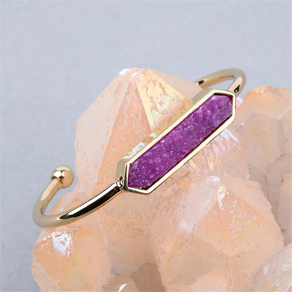 

Wholesale 6Pcs/Lot Natural Stone Amethystss Copper Open Bracelet Lady Gold Rose gold Druzy Bracelet Drop Shipping