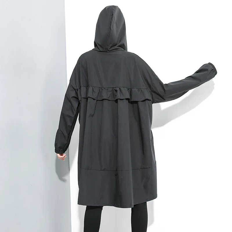 Новинка, корейский стиль, женская зимняя черная ветровка, плащ с капюшоном, с карманами, на молнии, Женская стильная длинная куртка, верхняя одежда, J276