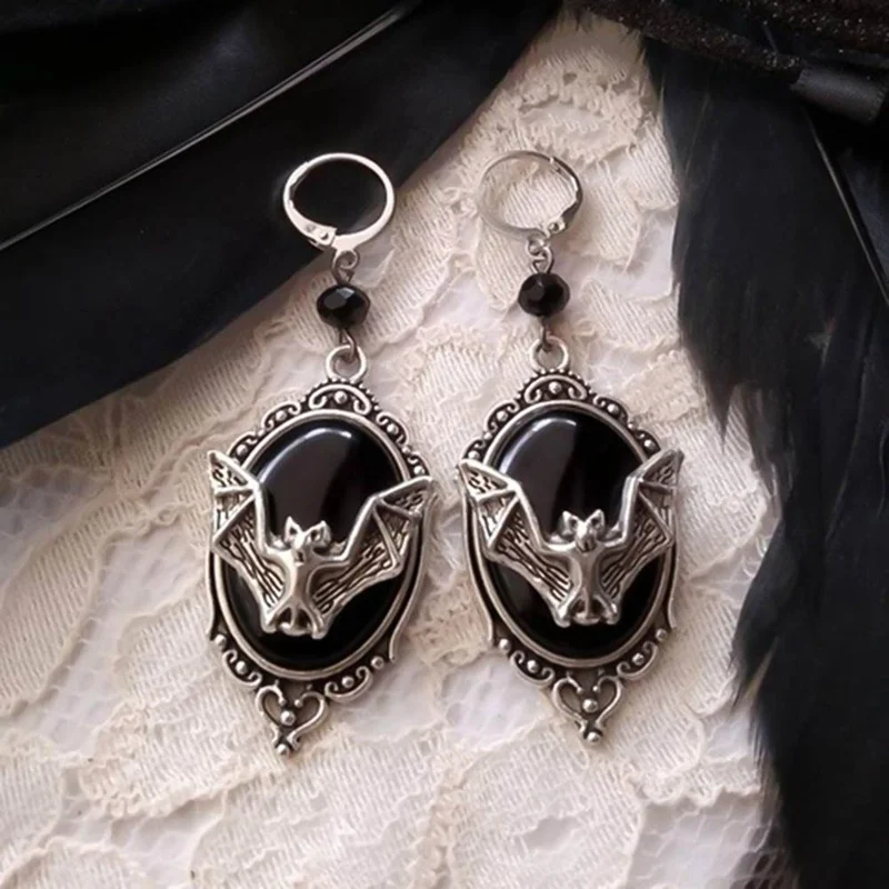 Модные Висячие влюбленные серьги с камеей ведьмы готические викторианские серебряные обрамленные летучие мыши серьги с камеей