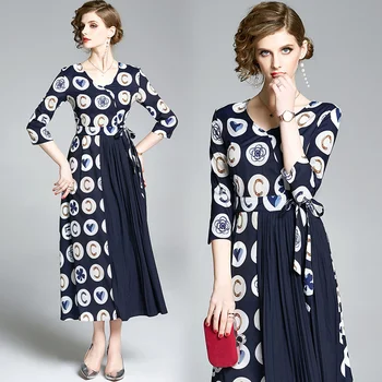 

Simgent Long Dress Women Spring Autumn A Line Letter Dot Printing Patchwork Elegant Dress Vestidos Female SG003292
