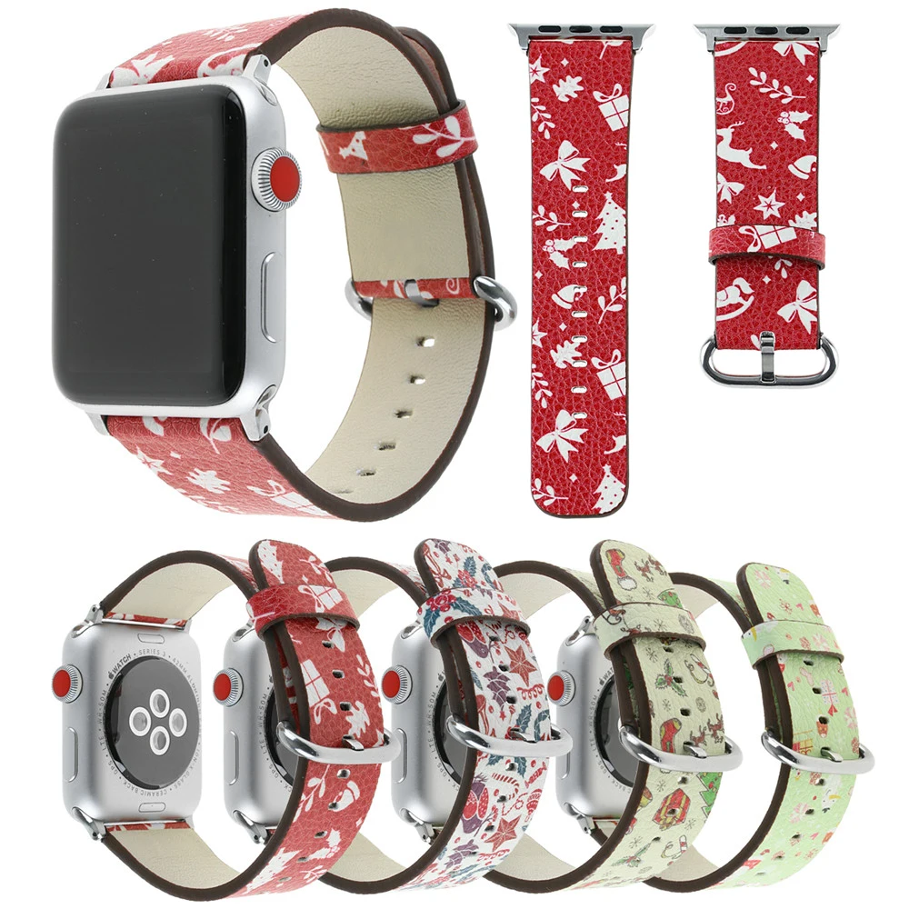 

Christmas Gift Genuine Leather Watchband for Apple Watch 5 4 38mm 42mm 40mm 44mm Cartoon Santa Claus Strap Band for iWatch 123