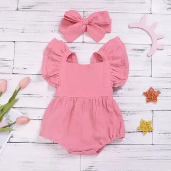 

Summer New Double Gauze Kids Ruffle Cotton Romper Jumpsuit Headband Pink Playsuit For Newborn Baby Girl Clothes