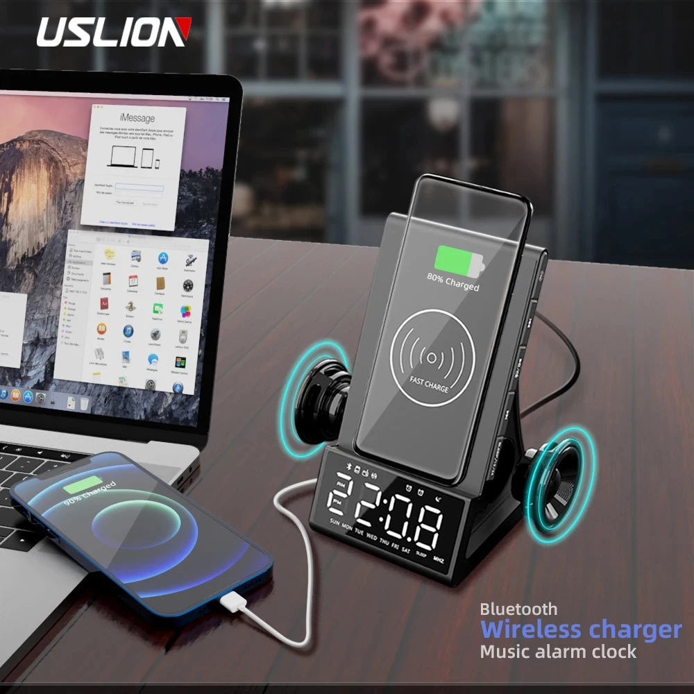 

USLION 4 in 1 Wireless Charger Alarm Clock Bluetooth Speaker 5.0 LED Smart Digital Desktop Electronic FM Radio USB Fast Charger