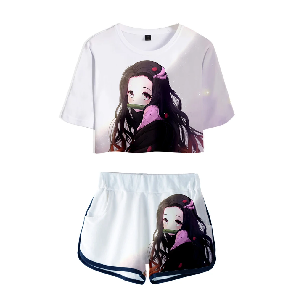 3D Exposed Navel T shirt+shorts print Ghost Blade womens/girls two-piece sets Casual summer 3D Black and white plaid suits