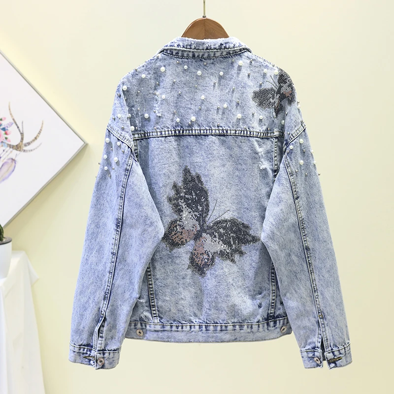 Spring Loose Harajuku Diamond Butterfly Pearl Beaded Hole Denim Jacket Women Autumn New Plus size Casual Long sleeve Jean Jacket Spring Loose Harajuku Diamond Butterfly Pearl Beaded Hole Denim Jacket Women Autumn New Plus size Casual Long sleeve Jean Jacket