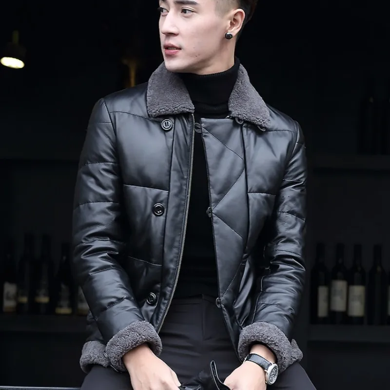 Лидирующий бренд, мотоциклетная байкерская куртка с шерстяным воротником, мужской пуховик, приталенный, натуральная кожа, зимняя теплая парка, деловая мужская верхняя одежда, пальто