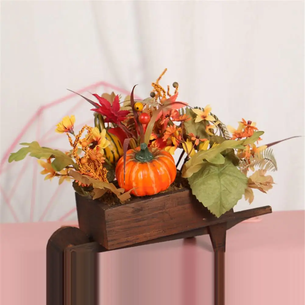 

Thanksgiving Harvest Festival Simulated Pumpkin Maple Leaf Wooden Carriage Pumpkin Cart Home Decoration Table Small Cart Decor #