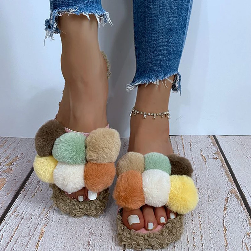Fur Slippers Flip-Flops Plush-Shoes Furry Sandals Slides Fluffy Women Ladies Winter Hot