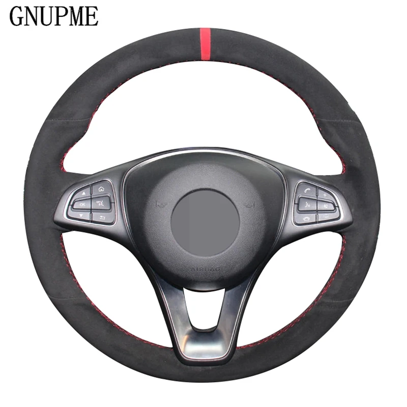 

DIY Hand-stitched Black Suede Red Marker Car Steering Wheel Cover for Mercedes Benz C180 C200 B200 C260 C300