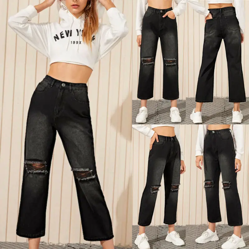 Повседневные женские черные прямые широкие брюки с высокой талией длинные джинсовые брюки джинсы