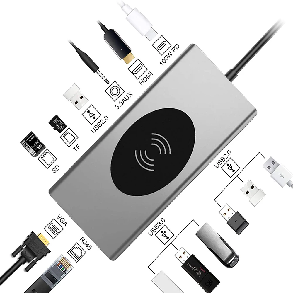15 в 1 USB C концентратор многопортовый адаптер типа док-станция с HDMI USB3.0 VGA RJ45