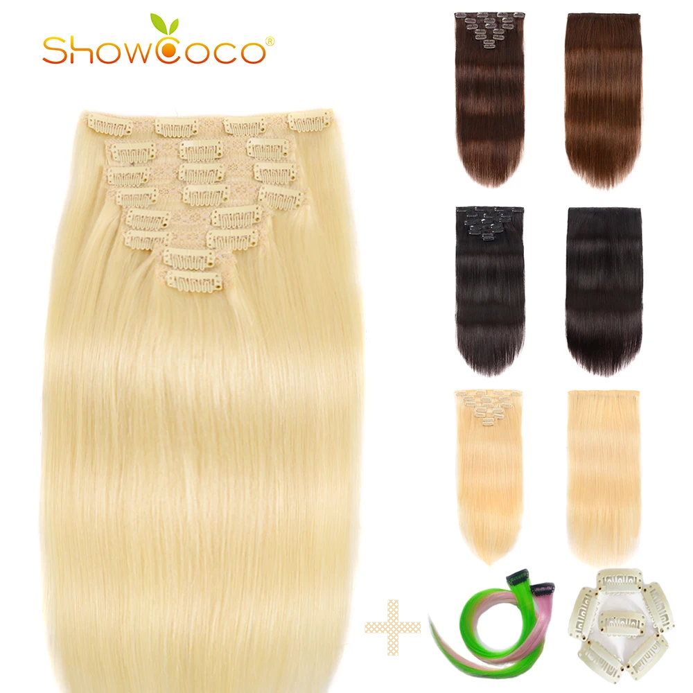 Clip In Hair Extensions 7 Pieces Set Machine-made Remy Human Hair Clips Silky Straight 70g 16 Clips Showcoco Hair Extension