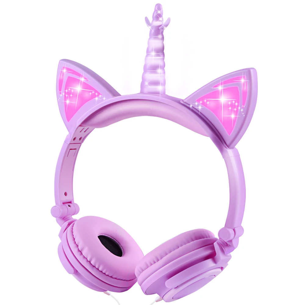 Kids Headphones LED light Unicorn Headset Foldable Stereo Bass Music Headphone For PC Phones Kids Gift
