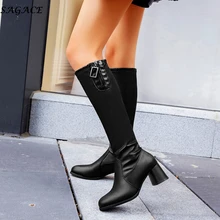 SAGACE women knee high boots fashion High heel Motorcycle boots winter warm Non slip Waterproof shoes woman botas mujer#4z