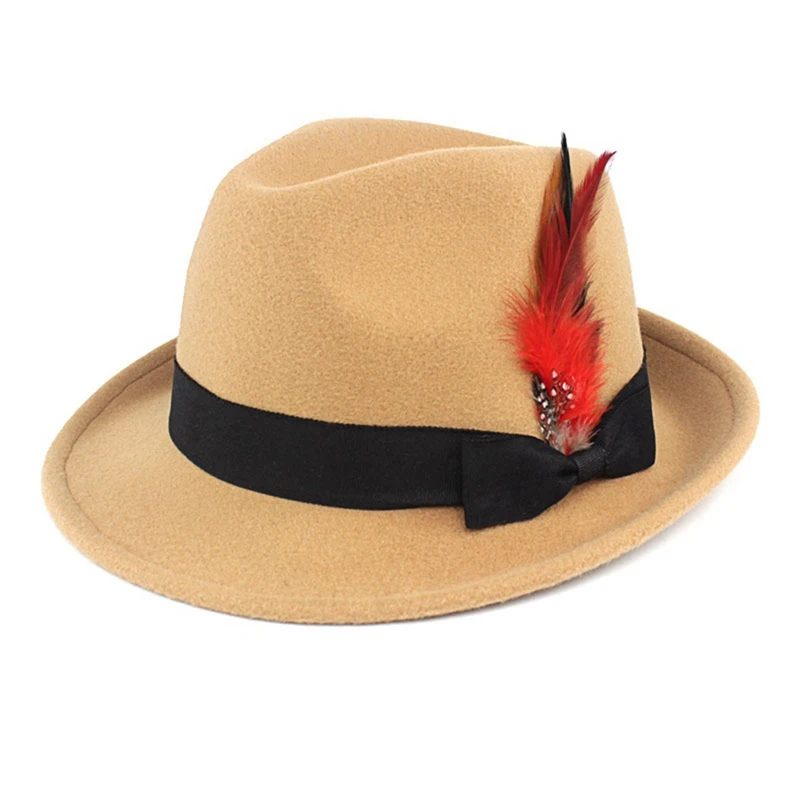Мужчины Женщины жесткий фетр перо группа Трилби джаз шляпа Sunhat
