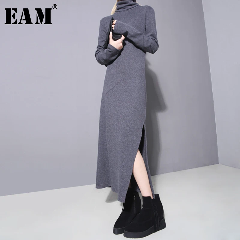 

[EAM] 2019 New Autumn Winter High Collar Long Sleeve Black Hem High Vent Stitch Slim Loose Dress Women Fashion Tide JO262