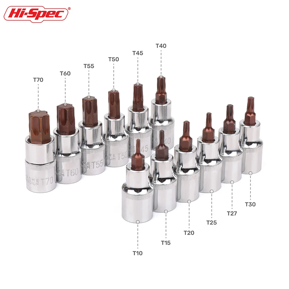 Hi-Spec Набор торцевых головок Torx 1/2 Star S2 Набор бит T10-T70 адаптер Универсальная головка для динамометрического ключа трещотка торцевой ключ