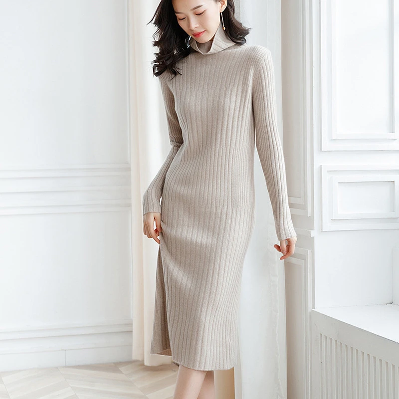 High neck cashmere knitted dress ...