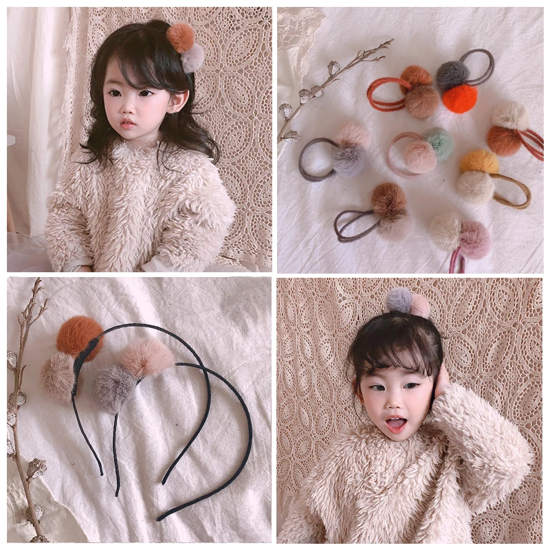 

2020 Children Cute Faur Fur Mix Hairball Hair Bands Elastic Girls Lovely Soft Rubber Bands Scrunchies Kids Hair Accessories