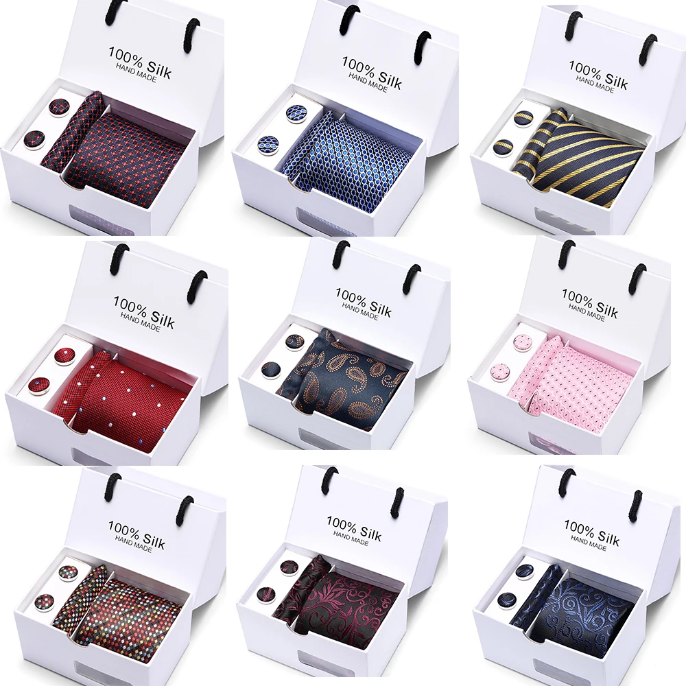 

Wedding Men Stripe Necktie Blue and Red Plaid 100% Silk Tie Pocket Square Party Handkerchief Cufflinks Tie Set Mens Classic Tie