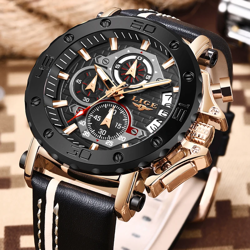 

2020 LIGE New Mens Watches Top Brand Luxury Big Dial Military Quartz Watch Leather Waterproof Sports Watch Men Relogio Masculino