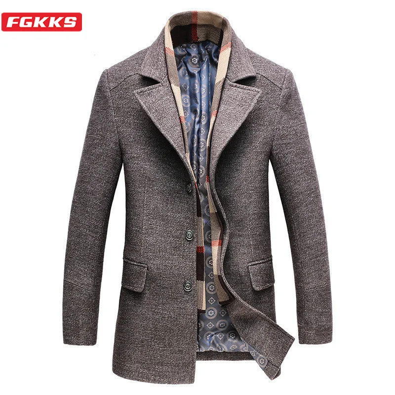 FGKKS Winter New Men Wool Blends Coat Men's Casual Thick Coat Male Solid Color Woolen Coats Brand Clothing (Removable Scarf) FGKKS Winter New Men Wool Blends Coat Men's Casual Thick Coat Male Solid Color Woolen Coats Brand Clothing (Removable Scarf)